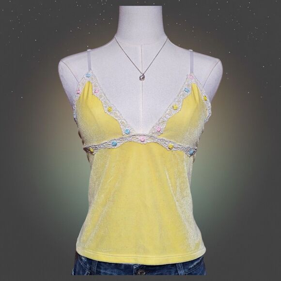 Vintage Tops - Vintage Yellow‎ Velour Lace Floral Rosette Cami Tank Top Y2K Made in USA Small